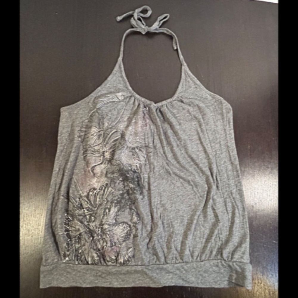 Express Blousy Sleeveless Floral Jersey Halter Top Gray Multicolored Size M